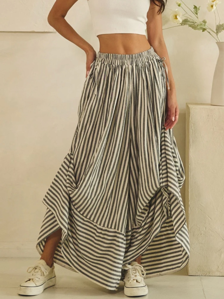 Oli & Hali Striped Print Stretchy Waist Gathered Detail Wide Leg Pants